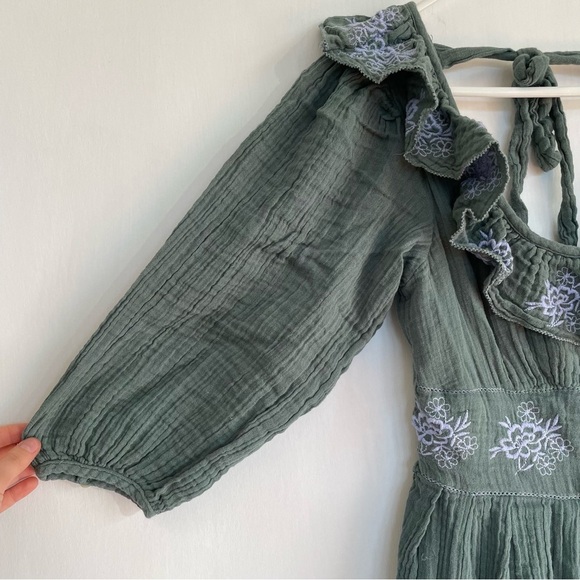 Free People Lovers Lane Maxi Dress Green Blue Embroidered Ruffle 3/4 Sleeve S - Picture 7 of 13